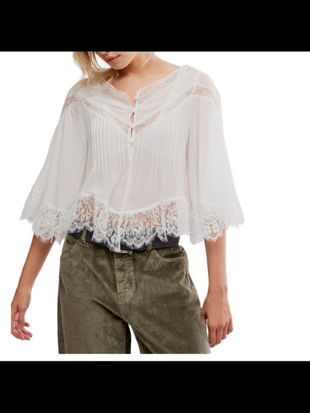 Free People Cream Lace-Trim Boho Peasant Top
